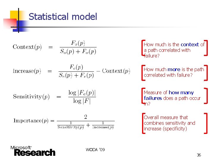 Statistical model How much is the context of a path correlated with failure? How
