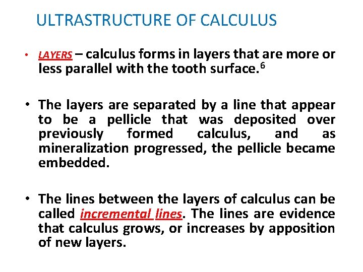 ULTRASTRUCTURE OF CALCULUS • LAYERS – calculus forms in layers that are more or