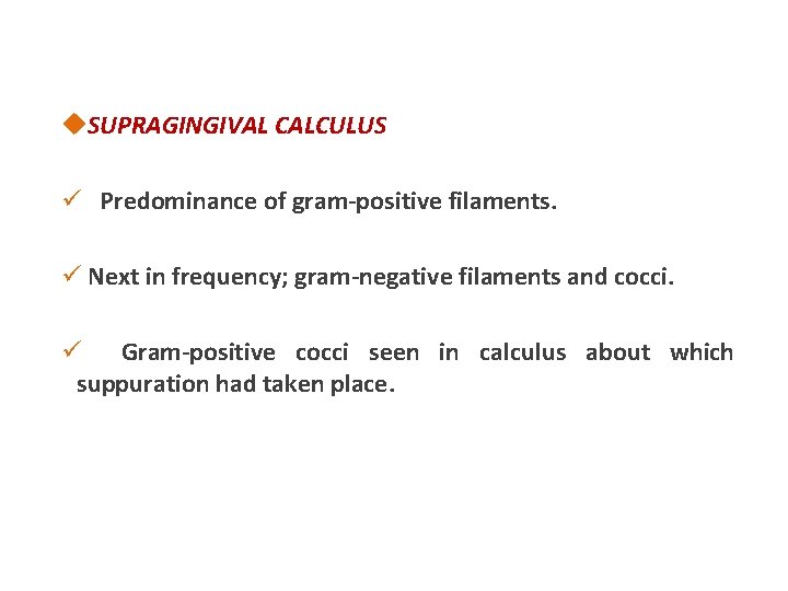  SUPRAGINGIVAL CALCULUS ü Predominance of gram-positive filaments. ü Next in frequency; gram-negative filaments