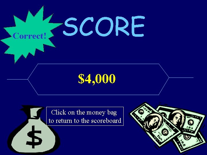 Correct! SCORE $4, 000 Click on the money bag to return to the scoreboard