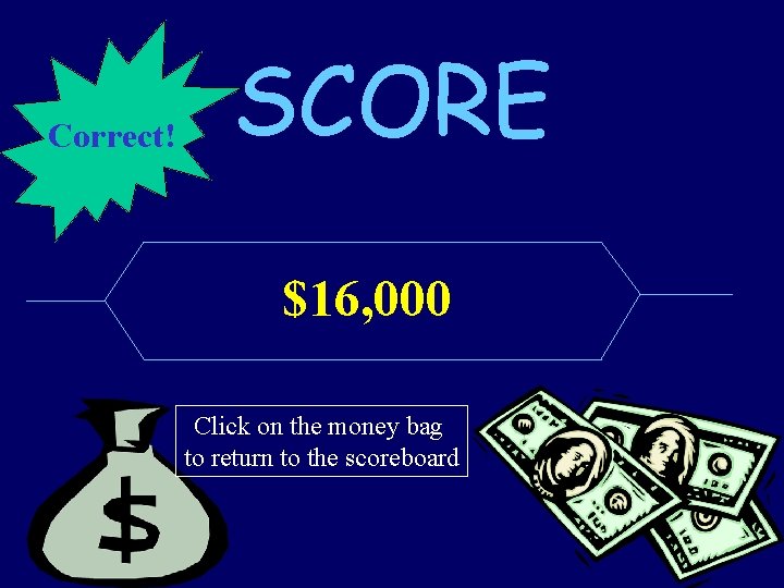 Correct! SCORE $16, 000 Click on the money bag to return to the scoreboard