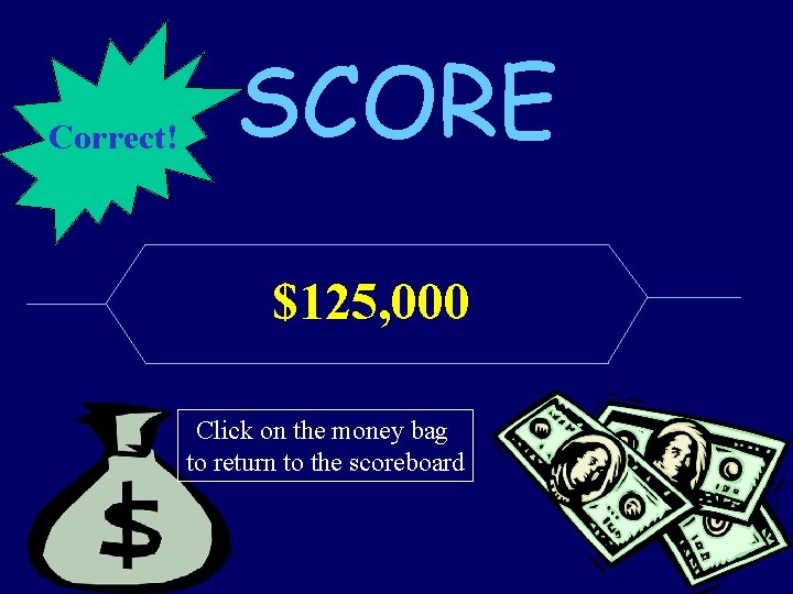 Correct! SCORE $125, 000 Click on the money bag to return to the scoreboard