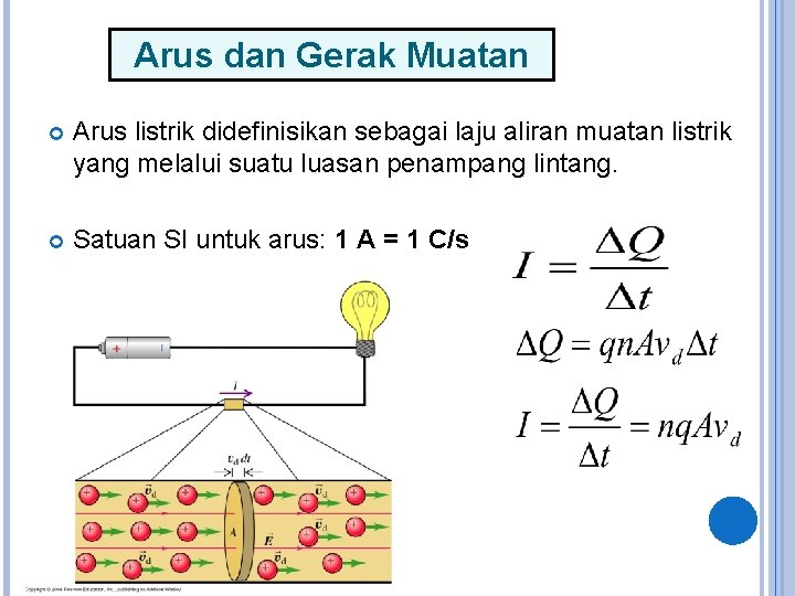 Arus dan Gerak Muatan Arus listrik didefinisikan sebagai laju aliran muatan listrik yang melalui