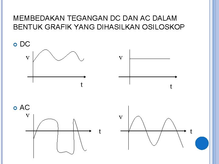 MEMBEDAKAN TEGANGAN DC DAN AC DALAM BENTUK GRAFIK YANG DIHASILKAN OSILOSKOP DC v v