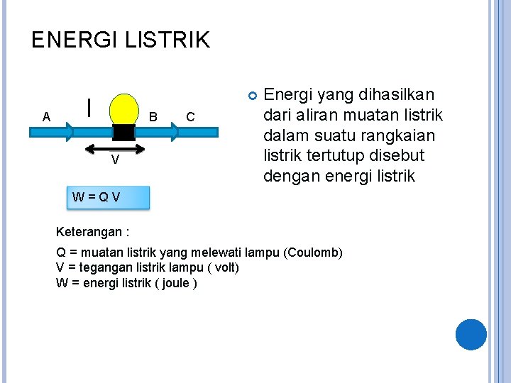 ENERGI LISTRIK A I B V C Energi yang dihasilkan dari aliran muatan listrik