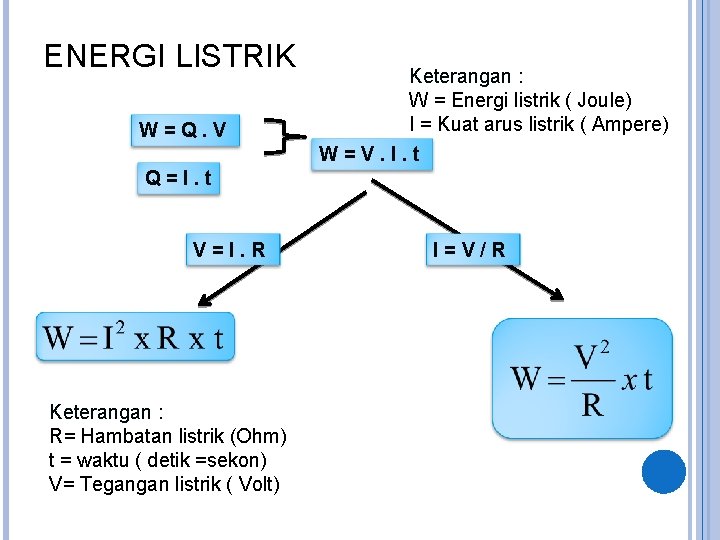 ENERGI LISTRIK W=Q. V Keterangan : W = Energi listrik ( Joule) I =