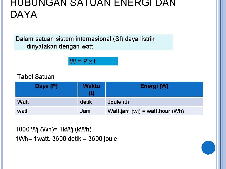 HUBUNGAN SATUAN ENERGI DAN DAYA Dalam satuan sistem internasional (SI) daya listrik dinyatakan dengan