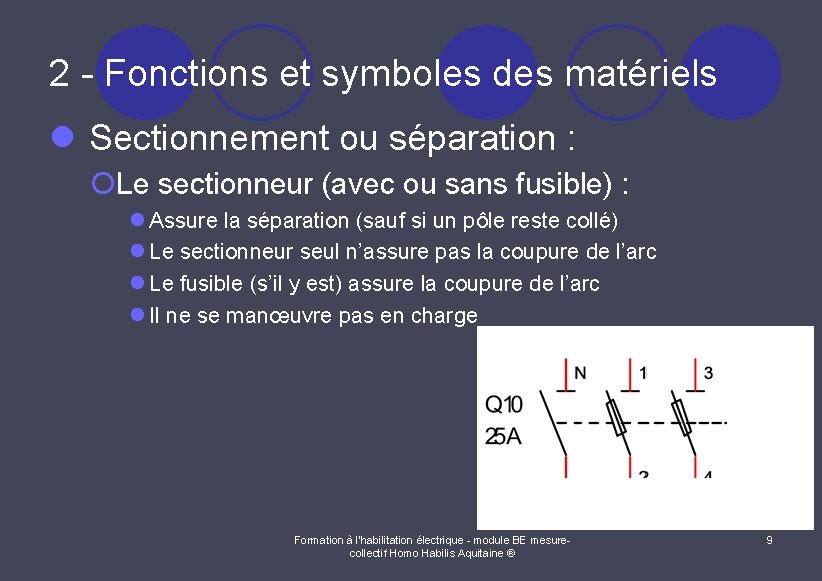 2 - Fonctions et symboles des matériels l Sectionnement ou séparation : ¡Le sectionneur