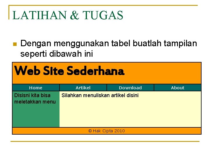 LATIHAN & TUGAS n Dengan menggunakan tabel buatlah tampilan seperti dibawah ini Web Site