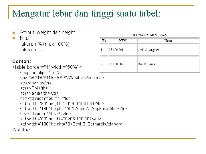 Mengatur lebar dan tinggi suatu tabel: n n Atribut: weight dan height Nilai: ukuran
