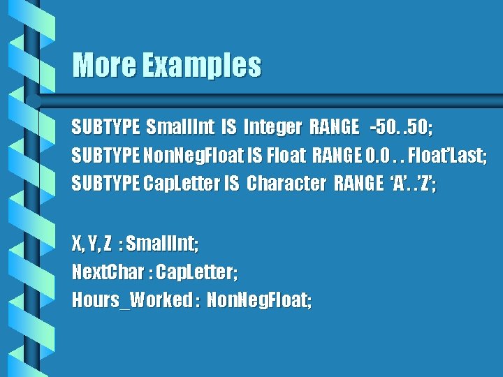 More Examples SUBTYPE Small. Int IS Integer RANGE -50. . 50; SUBTYPE Non. Neg.