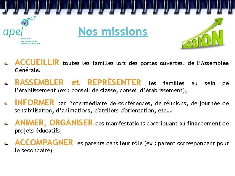 Nos missions ACCUEILLIR toutes les familles lors des portes ouvertes, de l’Assemblée Générale, RASSEMBLER