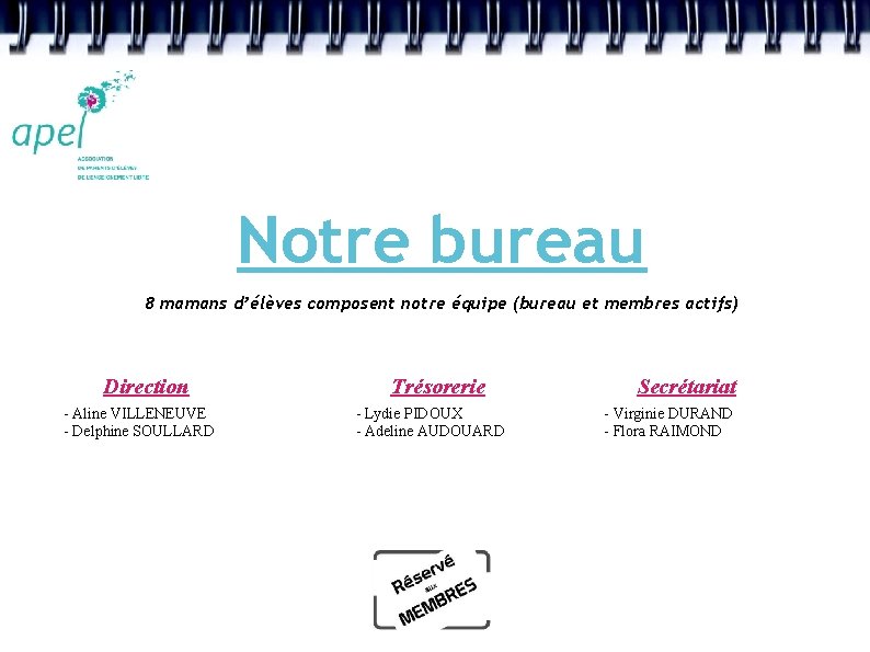 Notre bureau 8 mamans d’élèves composent notre équipe (bureau et membres actifs) Insérer une