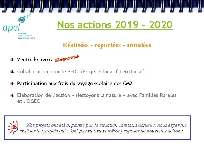 Nos actions 2019 – 2020 Réalisées - reportées - annulées Vente de livres Collaboration