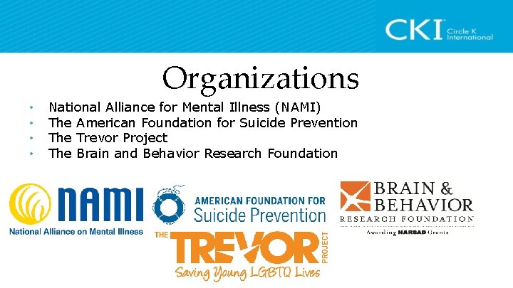 Organizations • • National Alliance for Mental Illness (NAMI) The American Foundation for Suicide