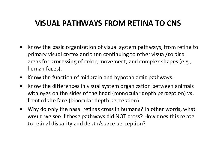 VISUAL PATHWAYS FROM RETINA TO CNS • Know the basic organization of visual system