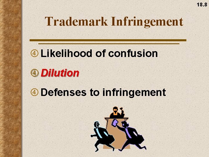 18. 8 Trademark Infringement Likelihood of confusion Dilution Defenses to infringement 