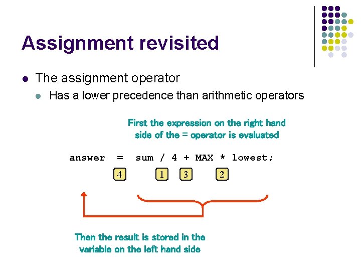Assignment revisited l The assignment operator l Has a lower precedence than arithmetic operators