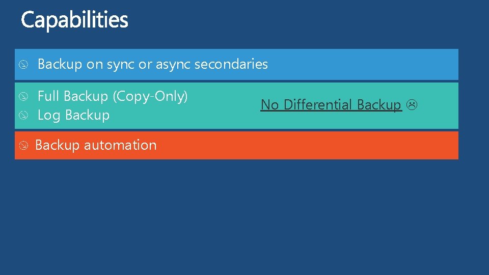 Backup on sync or async secondaries Full Backup (Copy-Only) Log Backup automation No Differential