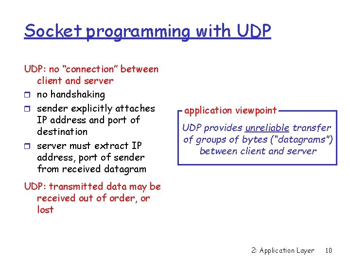 Socket programming with UDP: no “connection” between client and server r no handshaking r Socket programming with UDP: no “connection” between client and server r no handshaking r