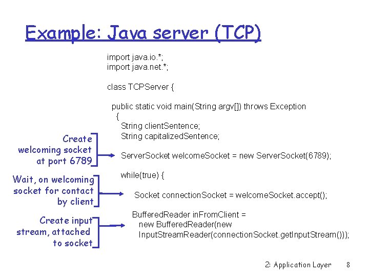 Example: Java server (TCP) import java. io. *; import java. net. *; class TCPServer Example: Java server (TCP) import java. io. *; import java. net. *; class TCPServer