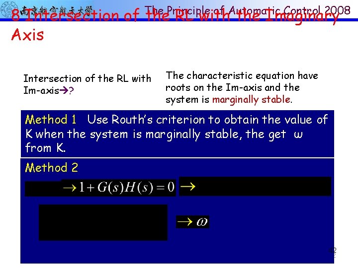 of Automatic Control 2008 8 Intersection of The the. Principle RL with the Imaginary