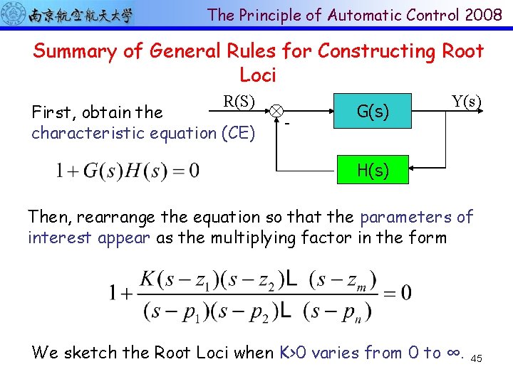 The Principle of Automatic Control 2008 Summary of General Rules for Constructing Root Loci