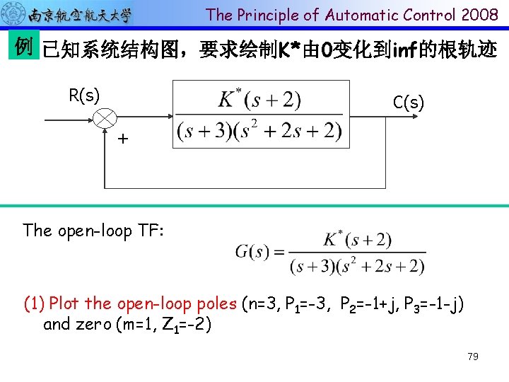 The Principle of Automatic Control 2008 例 已知系统结构图，要求绘制K*由 0变化到inf的根轨迹 R(s) C(s) + The open-loop