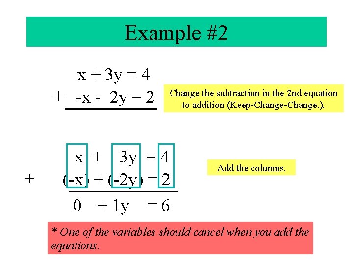 Example #2 x + 3 y = 4 + -x - 2 y =
