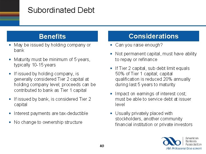 Subordinated Debt Considerations Benefits § May be issued by holding company or bank §