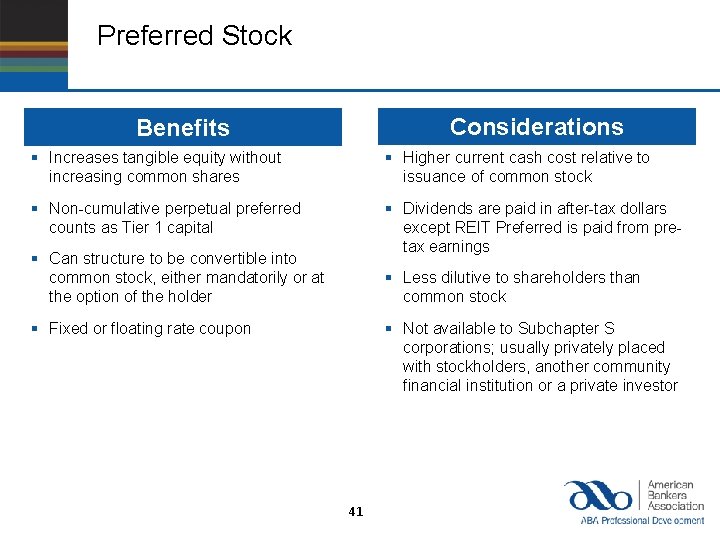 Preferred Stock Considerations Benefits § Increases tangible equity without increasing common shares § Higher