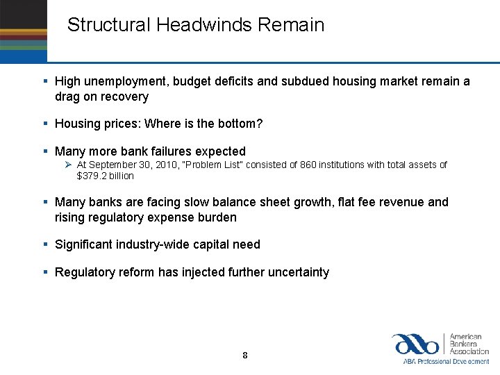 Structural Headwinds Remain § High unemployment, budget deficits and subdued housing market remain a