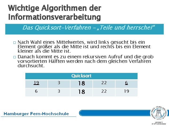 Wichtige Algorithmen der Informationsverarbeitung Das Quicksort-Verfahren – „Teile und herrsche!“ � � Nach Wahl