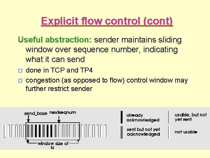 Explicit flow control (cont) Useful abstraction: sender maintains sliding window over sequence number, indicating