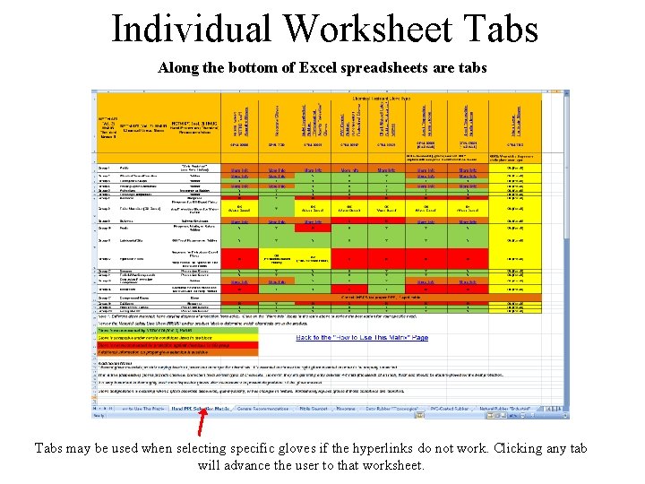 Individual Worksheet Tabs Along the bottom of Excel spreadsheets are tabs Tabs may be