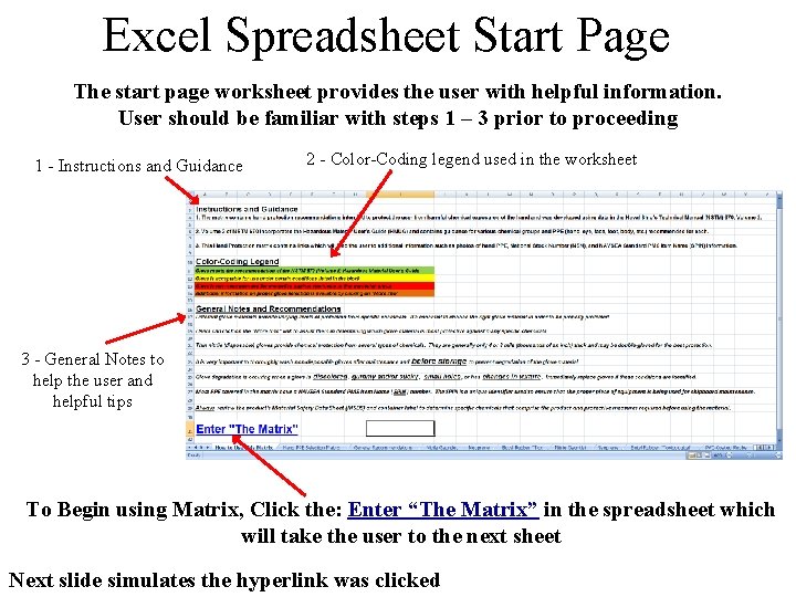 Excel Spreadsheet Start Page The start page worksheet provides the user with helpful information.
