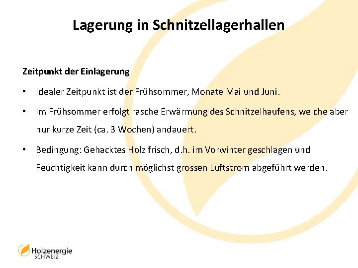 Lagerung in Schnitzellagerhallen Zeitpunkt der Einlagerung • Idealer Zeitpunkt ist der Frühsommer, Monate Mai