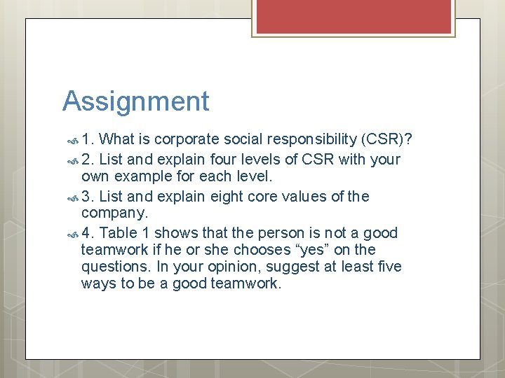 Assignment 1. What is corporate social responsibility (CSR)? 2. List and explain four levels