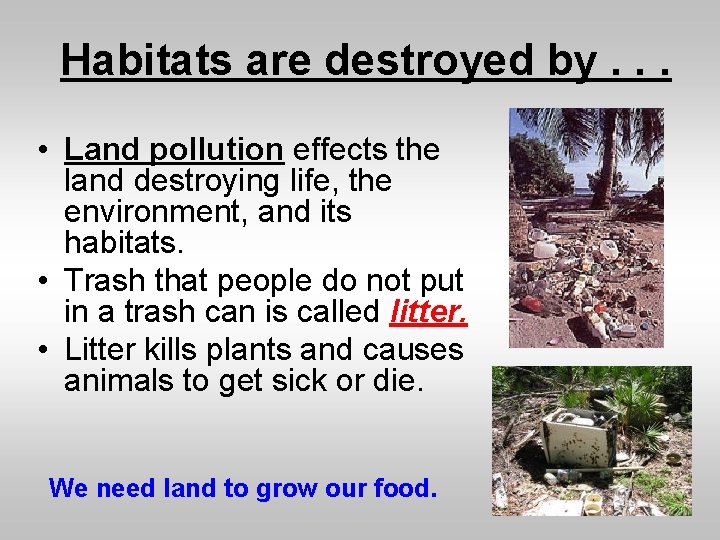 Habitats are destroyed by. . . • Land pollution effects the land destroying life,