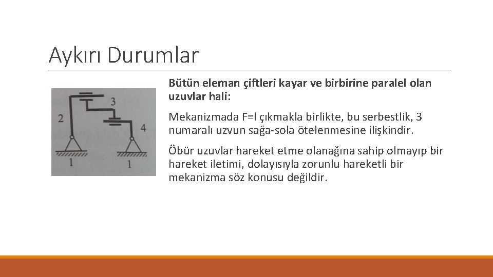 Aykırı Durumlar Bütün eleman çiftleri kayar ve birbirine paralel olan uzuvlar hali: Mekanizmada F=l