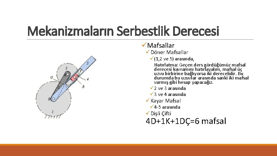 Mekanizmaların Serbestlik Derecesi üMafsallar üDöner Mafsallar ü(1, 2 ve 5) arasında, Hatırlatma: Geçen ders