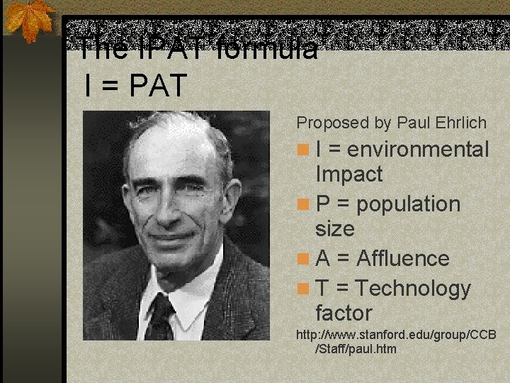 The IPAT formula I = PAT Proposed by Paul Ehrlich n I = environmental