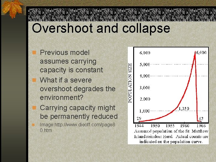 Overshoot and collapse n Previous model assumes carrying capacity is constant n What if