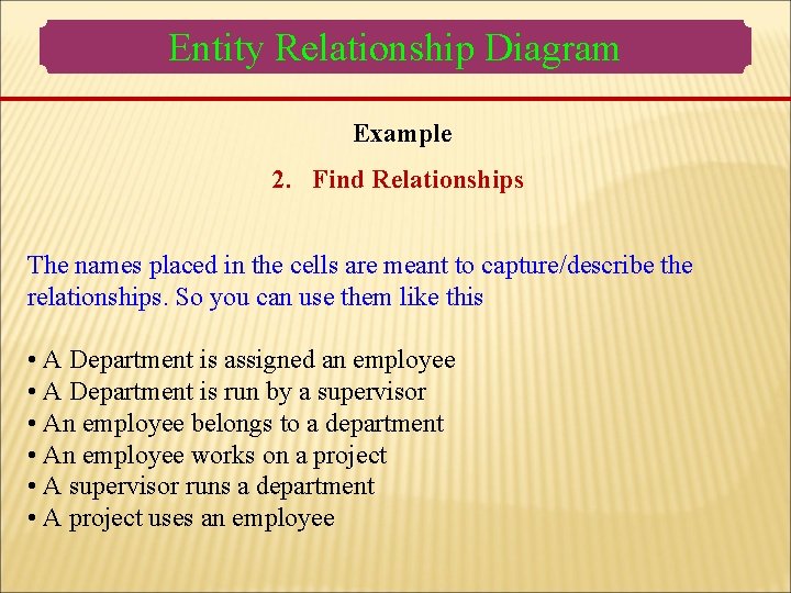 Entity Relationship Diagram Example 2. Find Relationships The names placed in the cells are Entity Relationship Diagram Example 2. Find Relationships The names placed in the cells are