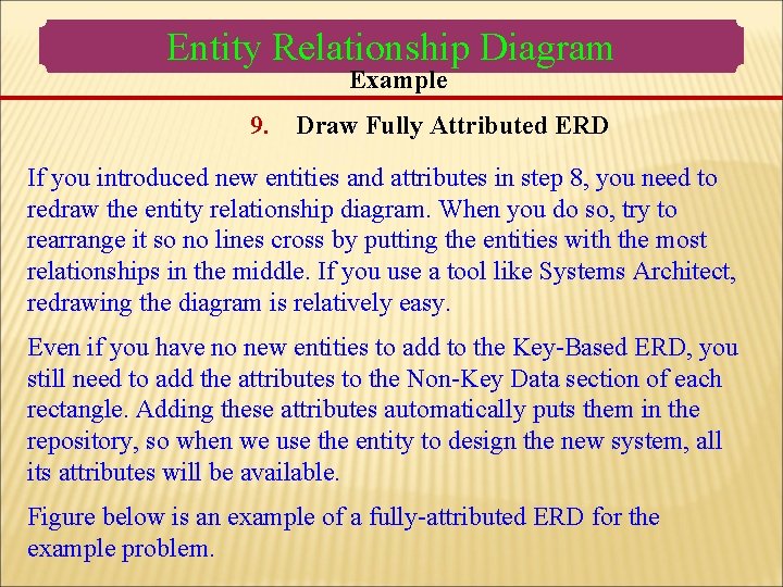 Entity Relationship Diagram Example 9. Draw Fully Attributed ERD If you introduced new entities Entity Relationship Diagram Example 9. Draw Fully Attributed ERD If you introduced new entities