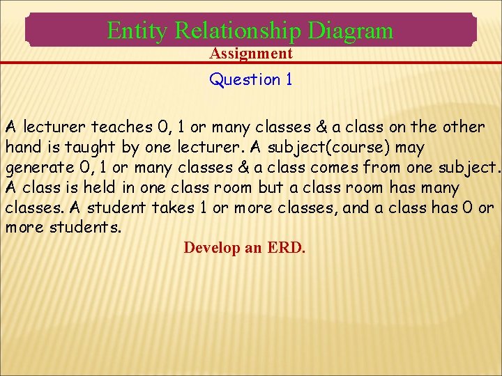 Entity Relationship Diagram Assignment Question 1 A lecturer teaches 0, 1 or many classes Entity Relationship Diagram Assignment Question 1 A lecturer teaches 0, 1 or many classes