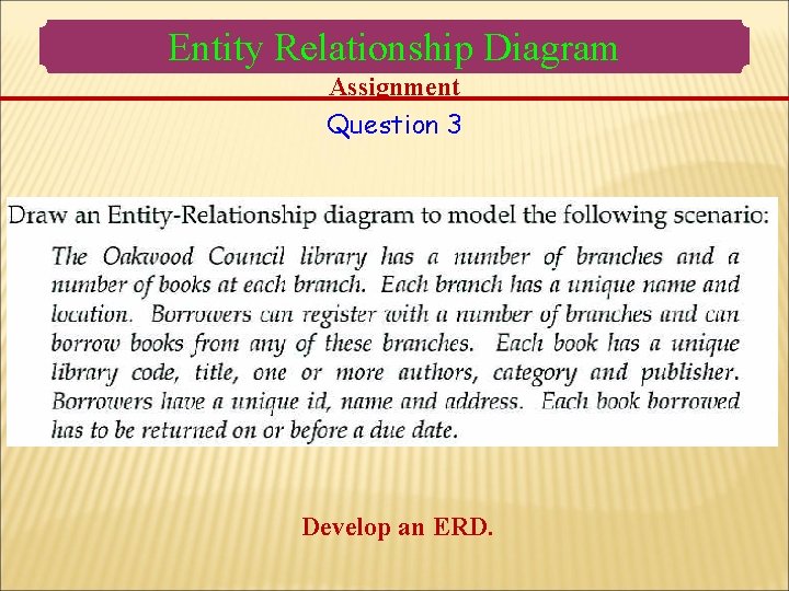 Entity Relationship Diagram Assignment Question 3 Develop an ERD. Entity Relationship Diagram Assignment Question 3 Develop an ERD.