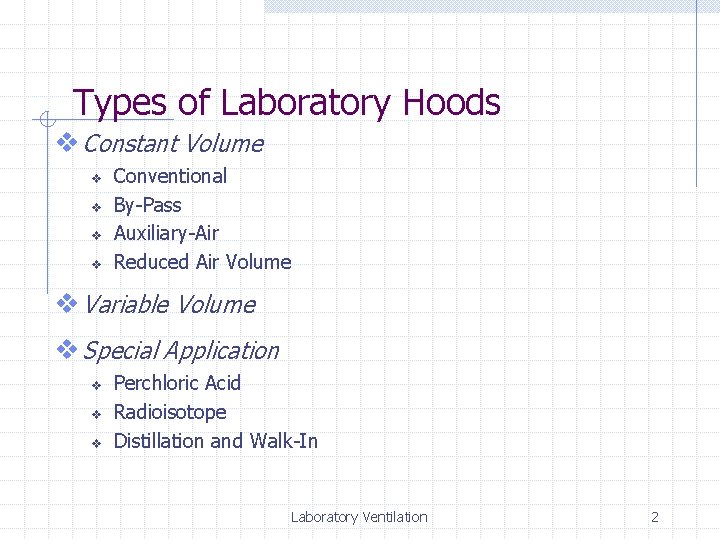 Laboratory Ventilation Types of Laboratory Hoods v Constant