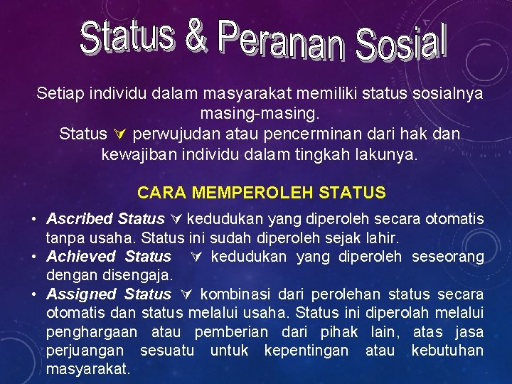 Setiap individu dalam masyarakat memiliki status sosialnya masing-masing. Status perwujudan atau pencerminan dari hak