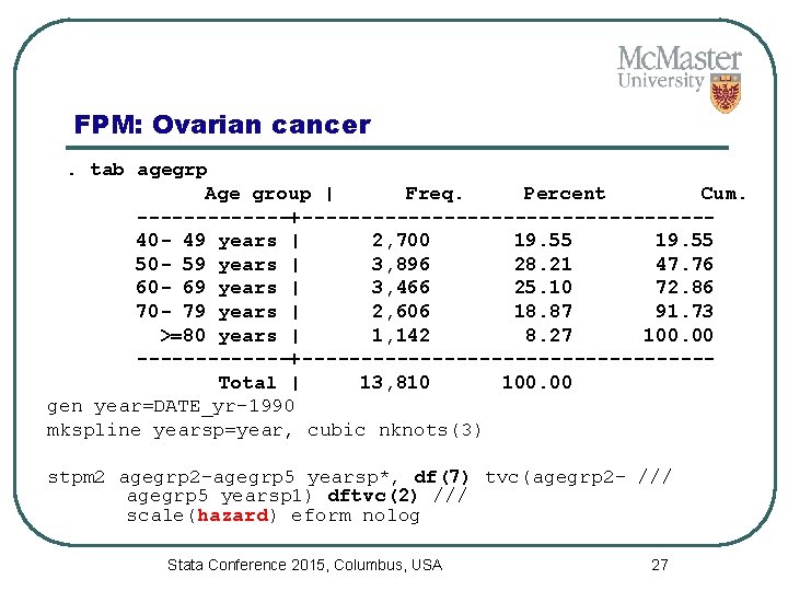 FPM: Ovarian cancer. tab agegrp Age group | Freq. Percent Cum. -------+-----------------40 - 49